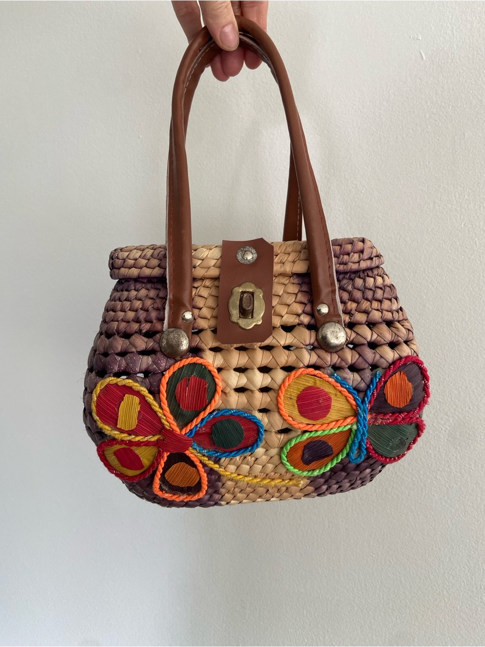 Woven Boho Straw Handbag with Rainbow Butterfly & Flower Appliqué